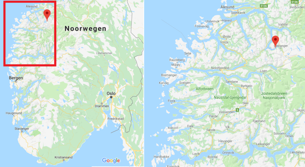 Locatie Geirangerfjord in Noorwegen