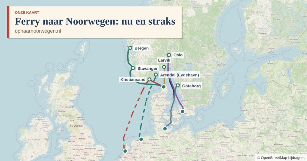Kaart met de ferry's naar Noorwegen vanuit Kiel, Hirtshals en Kopenhagen, en de geplande routes IJmuiden – Kristiansand en Eemshaven – Arendal