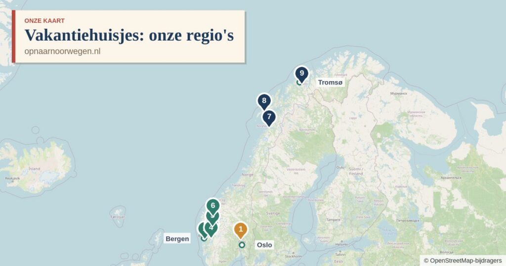 Kaart van Noorwegen met negen regio's voor een vakantiehuisje, van Oslo en de fjorden rond Bergen tot de Lofoten en Tromsø