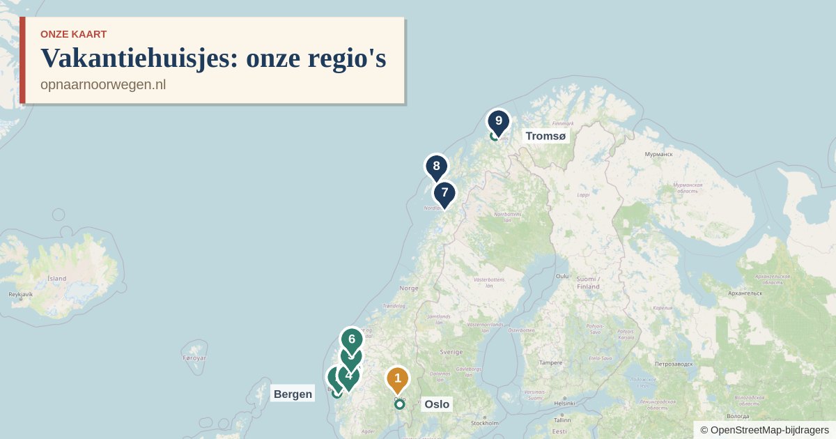 Kaart van Noorwegen met negen regio's voor een vakantiehuisje, van Oslo en de fjorden rond Bergen tot de Lofoten en Tromsø